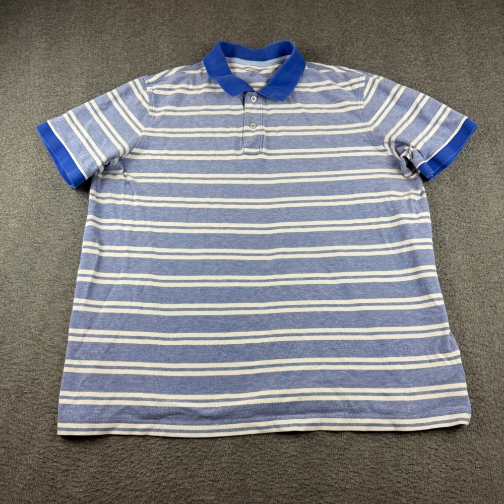 Lands End Polo Shirt Men's XL Blue White Striped Short Sleeve Traditional Fit